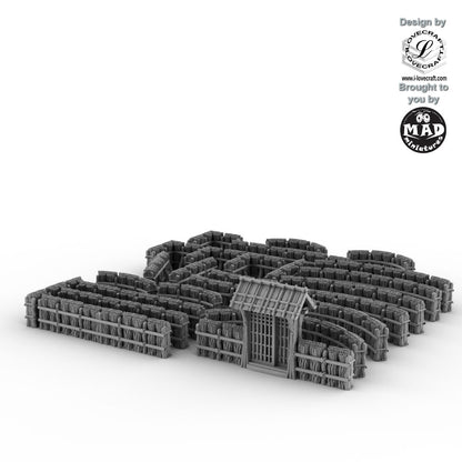Thatched Fence terrain set with 26 pieces and gate – Nippon Saga by Iain Lovecraft, made by Mad Miniatures.