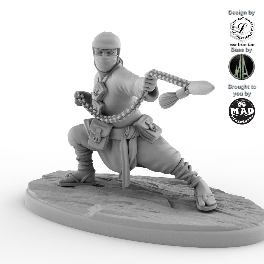 The Chain Serpent from Nippon Saga – 28 mm ninja miniature designed by Iain Lovecraft, wielding a traditional kusarifundō chain weapon, made by Mad Miniatures.