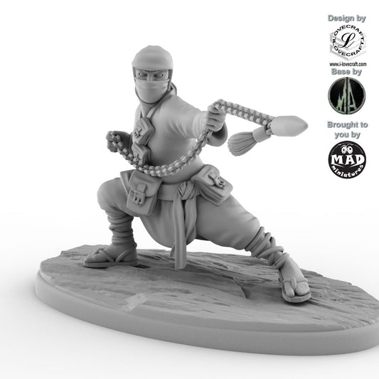 The Chain Serpent from Nippon Saga – 28 mm ninja miniature designed by Iain Lovecraft, wielding a traditional kusarifundō chain weapon, made by Mad Miniatures.