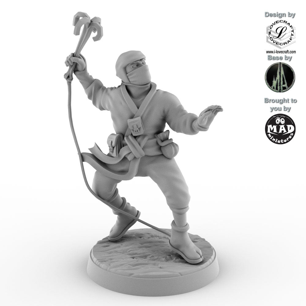 The Night Hook from Nippon Saga – 28 mm ninja miniature designed by Iain Lovecraft, holding rope and hook, crafted by Mad Miniatures.