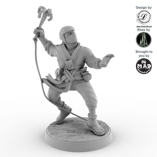 The Night Hook from Nippon Saga – 28 mm ninja miniature designed by Iain Lovecraft, holding rope and hook, crafted by Mad Miniatures.