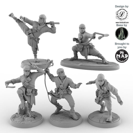 The Shadow Blades from Nippon Saga – a set of five 28 mm ninja miniatures designed by Iain Lovecraft, featuring unique poses, made by Mad Miniatures.