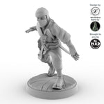 The Silent Blade from Nippon Saga - 28 mm ninja miniature designed by Iain Lovecraft, captured mid-kick in a dynamic martial pose, made by Mad Miniatures.