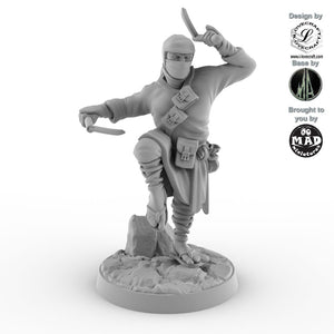 The Twin Fangs from Nippon Saga – 28 mm ninja miniature designed by Iain Lovecraft, dual-wielding kama blades, made by Mad Miniatures.