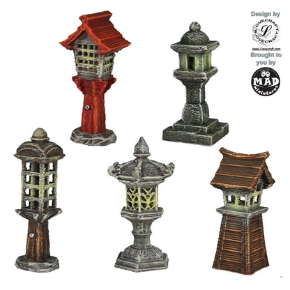 Assorted Toro Lantern terrain pieces from the Nippon Saga collection by Mad Miniatures
