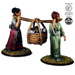 28mm miniature set of two Edo-period women carrying a basket of fish using a wooden pole, wearing traditional clothing, designed for tabletop gaming and dioramas.
