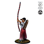 Onna-Bugeisha Archer, a 28mm miniature designed by Iain Lovecraft, featuring a female samurai archer in a traditional hakama, drawing her yumi bow.