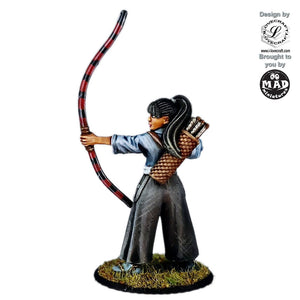 Onna-Bugeisha Kyūdōka, a 28mm miniature designed by Iain Lovecraft, featuring a female samurai archer in a traditional stance with a yumi bow and quiver.
