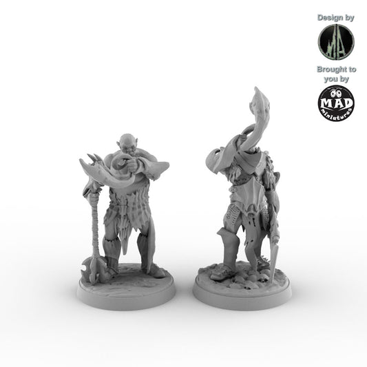 Two Orc Hornblower miniatures with warhorns by Mad Miniatures