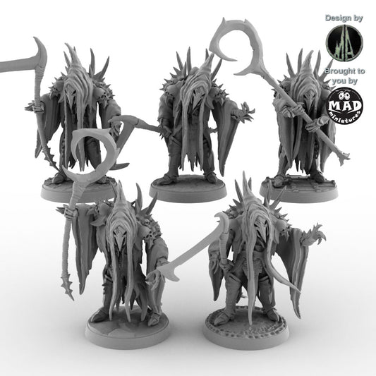 Set of five Orc Oracle miniatures with masks and staffs by Mad Miniatures