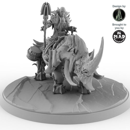 Orc Warmaster Armag on massive Rhino mount miniature by Monolith Arts and Mad Miniatures