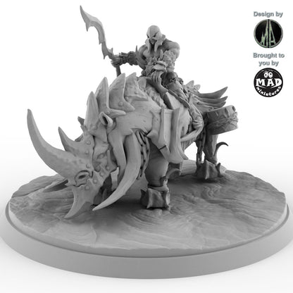 Orc Champion Murgoz riding giant Rhino miniature by Monolith Arts and Mad Miniatures