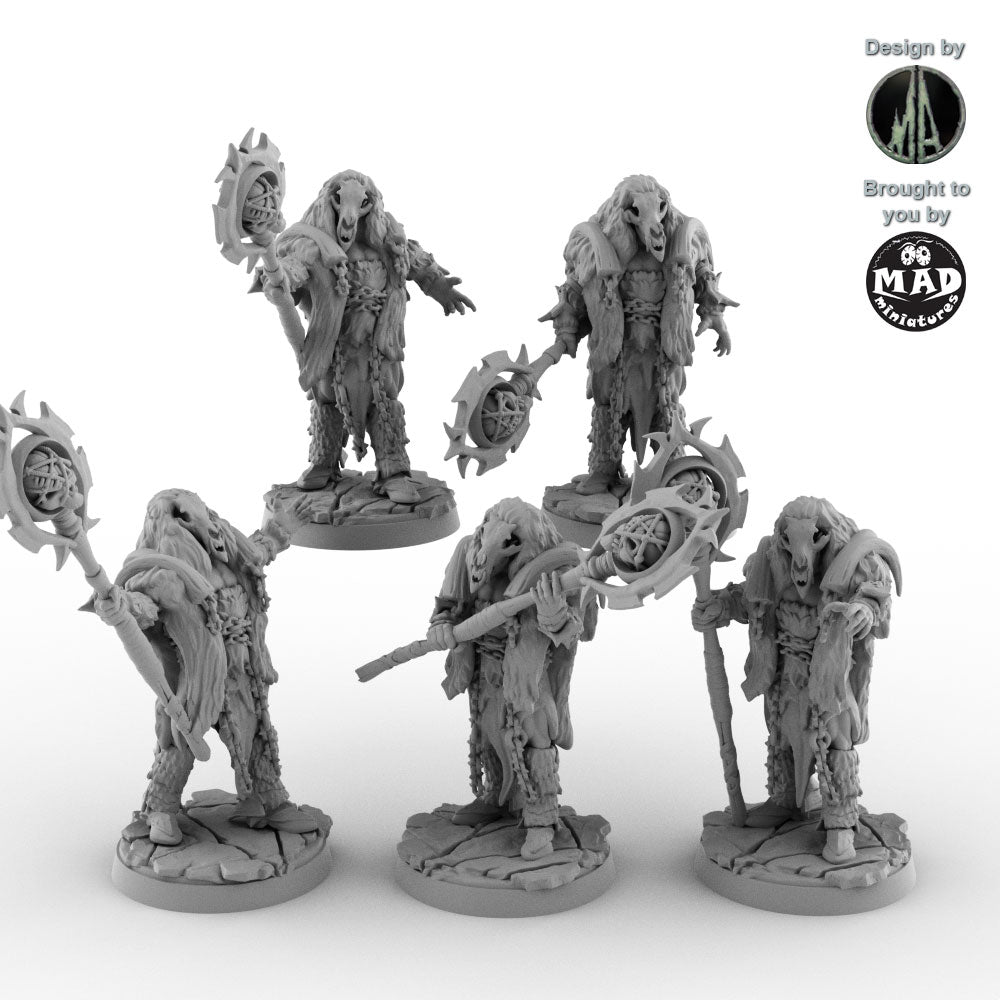 Set of five Orc Shaman miniatures with rune-engraved staffs and masks by Mad Miniatures