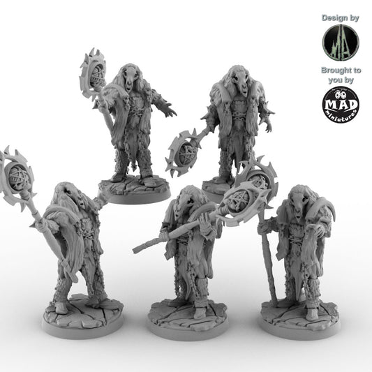Set of five Orc Shaman miniatures with rune-engraved staffs and masks by Mad Miniatures