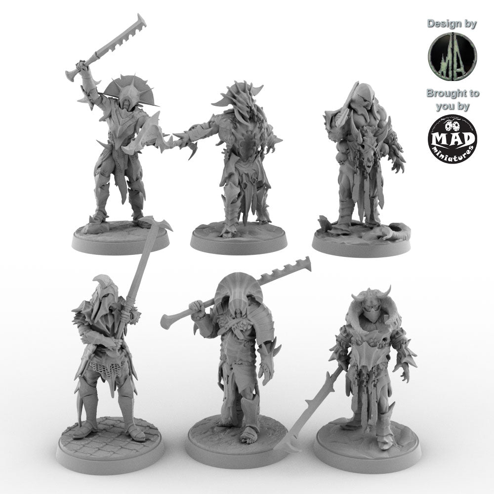 Set of six Orc Swordmaster miniatures with swords and masks by Mad Miniatures
