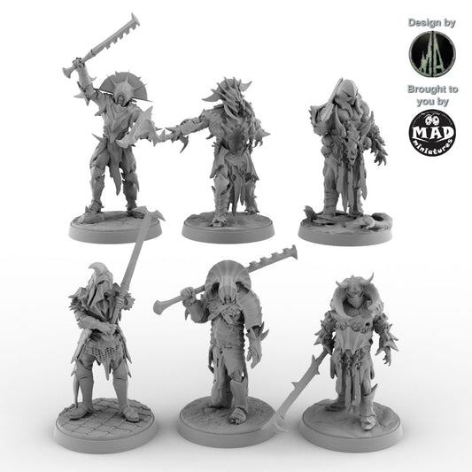 Set of six Orc Swordmaster miniatures with swords and masks by Mad Miniatures