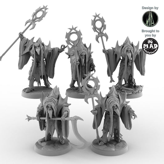 Set of five Orc Warlock miniatures with masks and staffs by Mad Miniatures