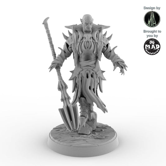 Orc Warmaster Armag miniature in dynamic pose by Monolith Arts and Mad Miniatures