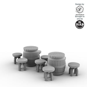 Fantasy tavern accessories with 2 barrel tables and 8 stools by Mad Miniatures
