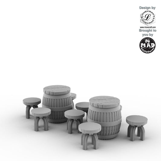 Fantasy tavern accessories with 2 barrel tables and 8 stools by Mad Miniatures