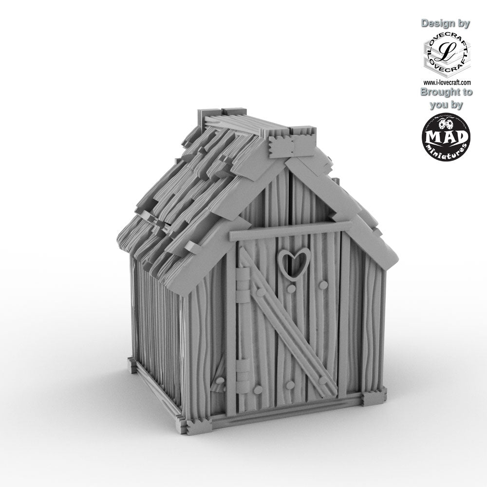 Rustic fantasy outhouse accessory for tavern or village terrain by Mad Miniatures