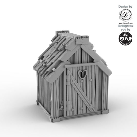 Rustic fantasy outhouse accessory for tavern or village terrain by Mad Miniatures