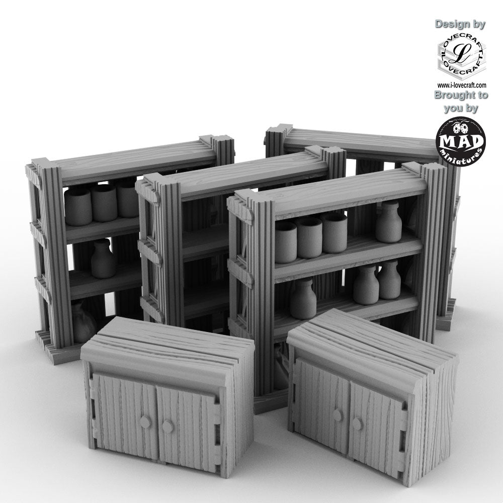 Fantasy tavern accessories with 4 wooden shelves and 2 cabinets by Mad Miniatures