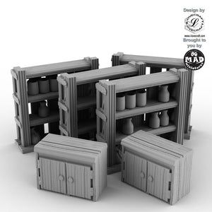 Fantasy tavern accessories with 4 wooden shelves and 2 cabinets by Mad Miniatures
