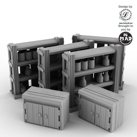 Fantasy tavern accessories with 4 wooden shelves and 2 cabinets by Mad Miniatures