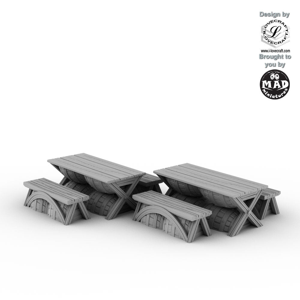 Fantasy tavern accessories with 2 wooden tables and 4 benches by Mad Miniatures