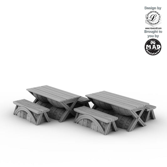 Fantasy tavern accessories with 2 wooden tables and 4 benches by Mad Miniatures