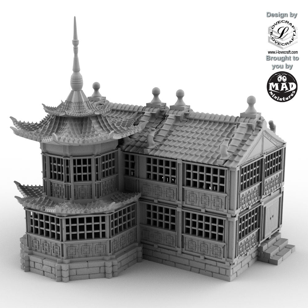 3D-printed Japanese Tea House terrain by Iain Lovecraft in 32 mm scale, featuring two playable levels and fine architectural detail.
