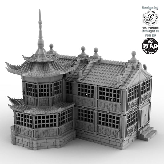 3D-printed Japanese Tea House terrain by Iain Lovecraft in 32 mm scale, featuring two playable levels and fine architectural detail.