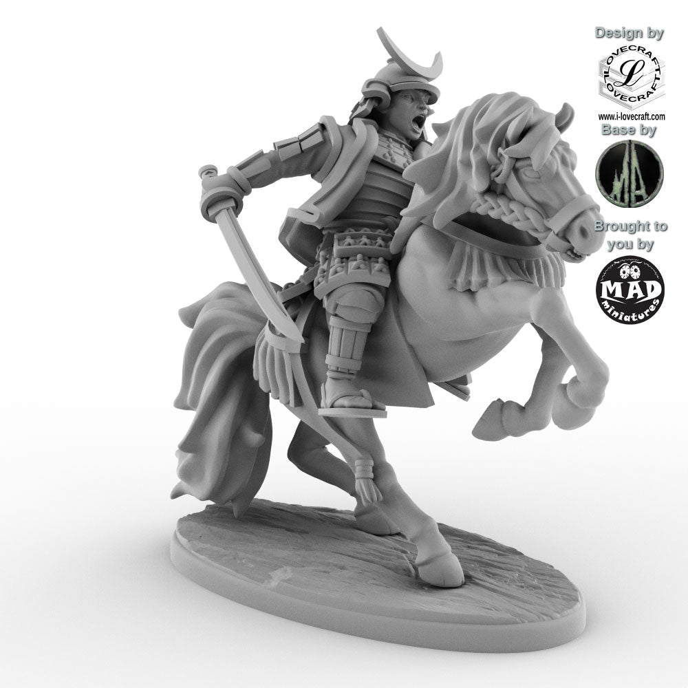 Date Masamune miniature on horseback, known as the One-Eyed Dragon, designed by Iain Lovecraft and made by Mad Miniatures