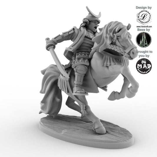 Date Masamune miniature on horseback, known as the One-Eyed Dragon, designed by Iain Lovecraft and made by Mad Miniatures