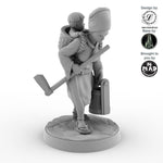 32 mm miniature of a Japanese woman carrying a baby in a basket while holding a hoe and bucket – Nippon Saga model by Mad Miniatures.