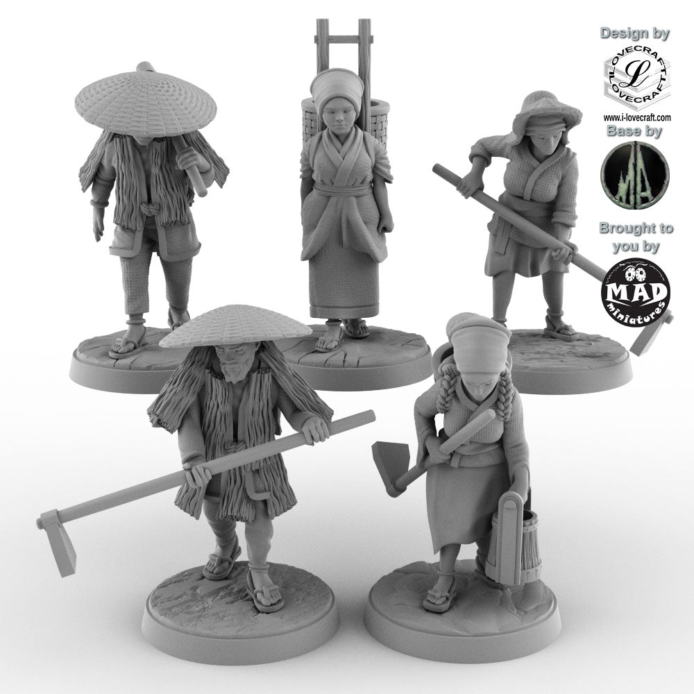 Set of five 32 mm Japanese field worker miniatures from Nippon Saga — farmers and villagers in traditional attire by Mad Miniatures.