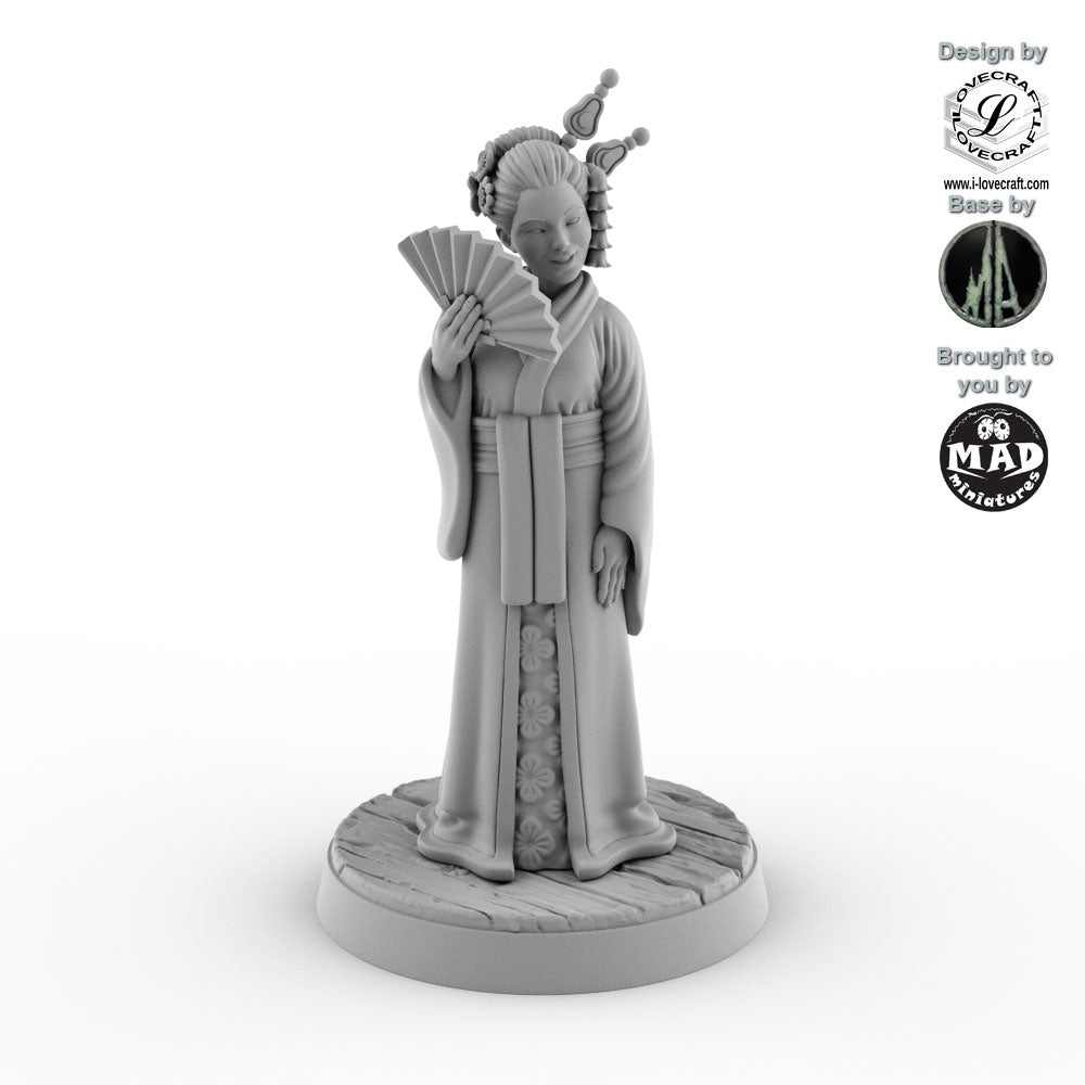32 mm Geisha miniature with fan – elegant Nippon Saga model by Mad Miniatures.
