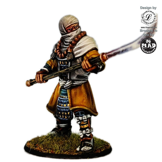 32 mm Ikko Ikki Monk miniature in robes and armour, wielding a naginata – Nippon Saga model by Mad Miniatures.