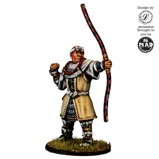 32 mm Ikko Ikki Monk Archer miniature drawing a bow, in robes and armour – Nippon Saga model by Mad Miniatures.