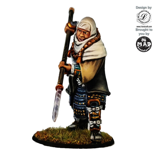 32 mm Ikko Ikki Monk miniature wielding a spear, in robes and armour – Nippon Saga model by Mad Miniatures.
