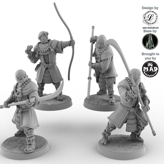 Set of 4 Ikko Ikki Monk miniatures with spears, bows, and blades – Nippon Saga 32 mm models by Mad Miniatures.