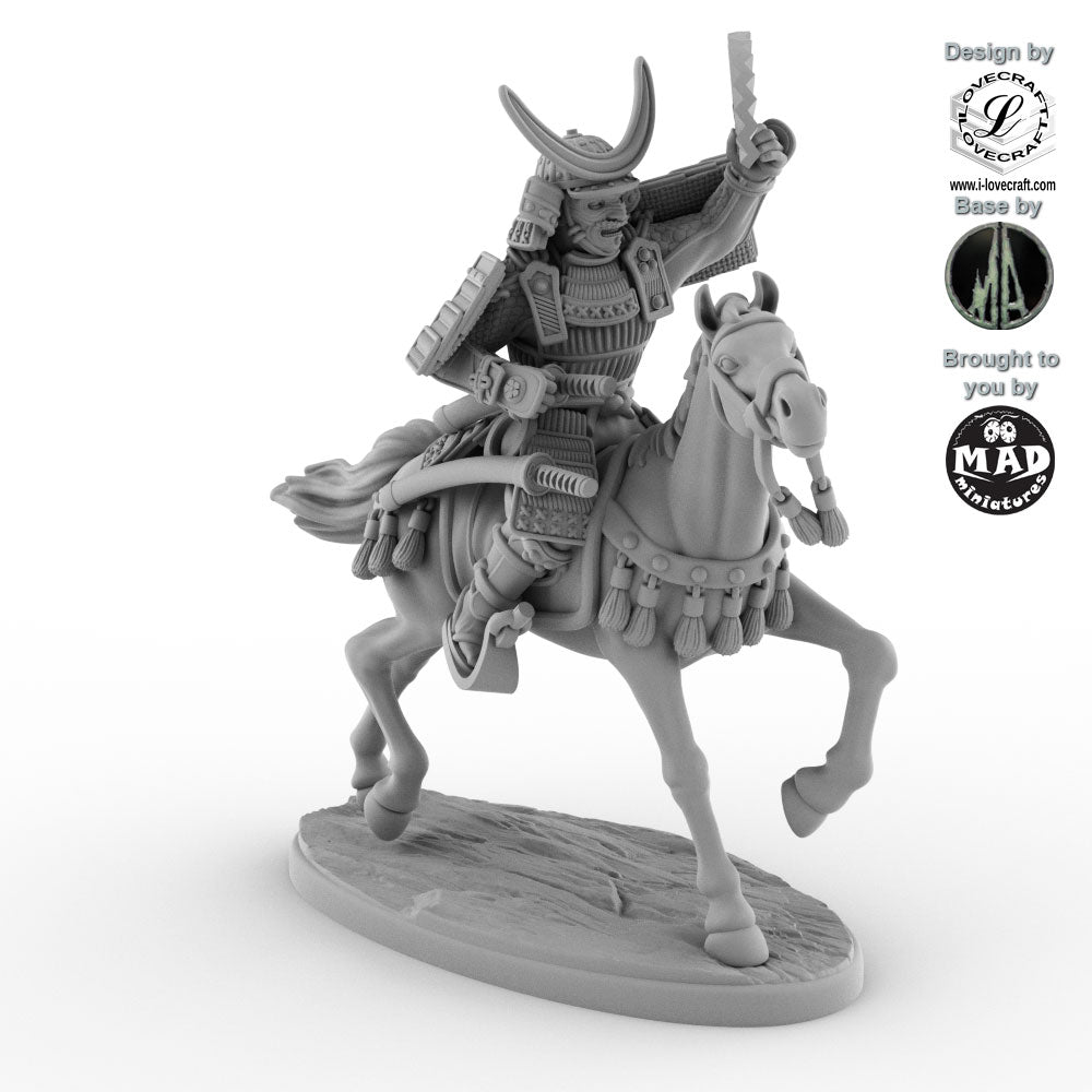 Mounted Daimyo miniature on horseback from Nippon Saga by Iain Lovecraft, produced by Mad Miniatures