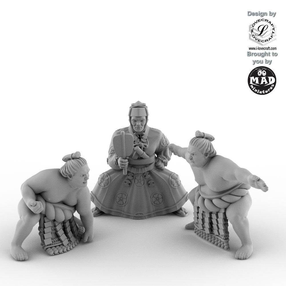 Nippon Saga sumo wrestlers and Gyoji referee miniature set by Iain Lovecraft, produced by Mad Miniatures
