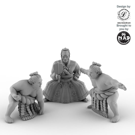 Nippon Saga sumo wrestlers and Gyoji referee miniature set by Iain Lovecraft, produced by Mad Miniatures