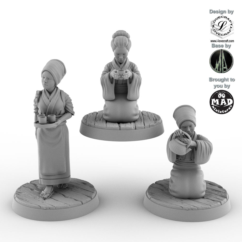 Nippon Saga Tea Lady Set I–III miniatures by Iain Lovecraft, produced by Mad Miniatures