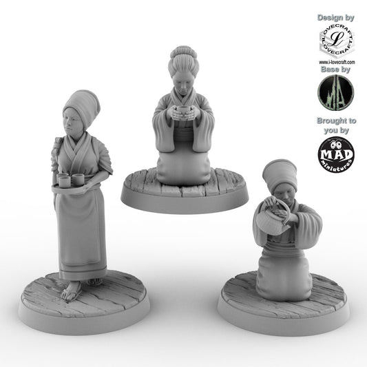 Nippon Saga Tea Lady Set I–III miniatures by Iain Lovecraft, produced by Mad Miniatures
