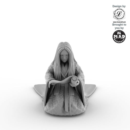 3D-printed miniature of a seated noble lady reading a scroll, wearing detailed kimono robes – Nippon Saga by Mad Miniatures.