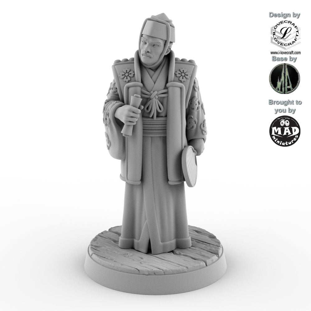 32 mm noble man miniature holding scroll and fan, wearing layered court robes – Nippon Saga model by Mad Miniatures.