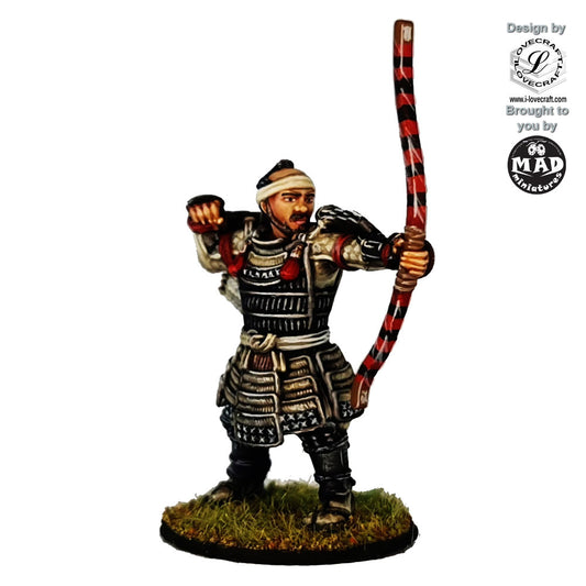 Painted 32 mm samurai archer miniature in traditional armour, holding a longbow – Nippon Saga by Mad Miniatures.